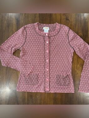 Talbots Pink Brown Butterfly Knit Sweater Cardigan Small 100% Cotton